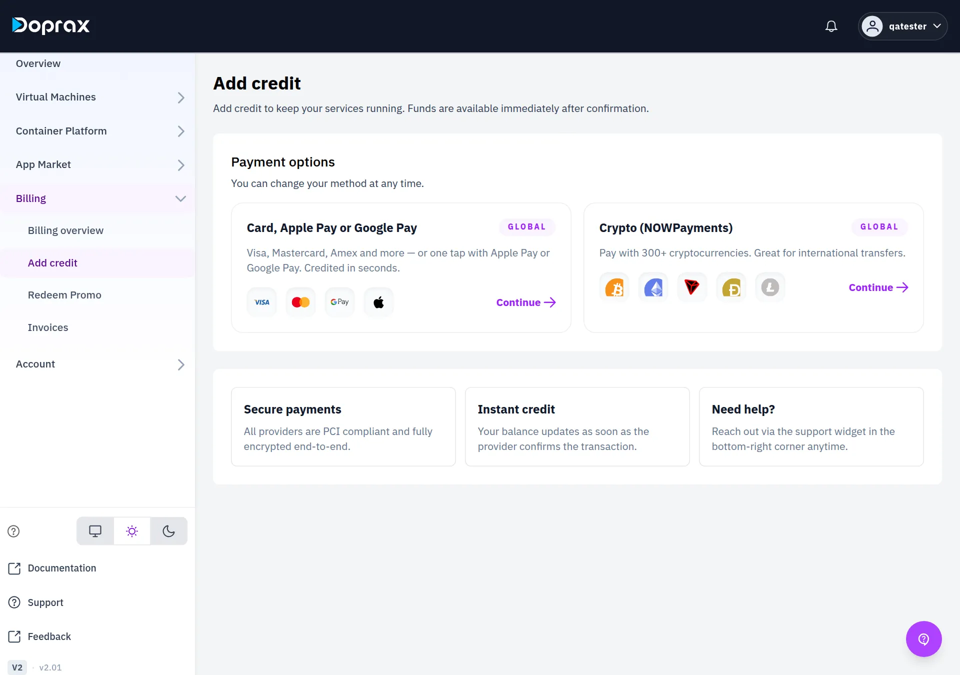 The Payment options list with both methods: Card, Apple Pay or Google Pay, and Crypto (NOWPayments)