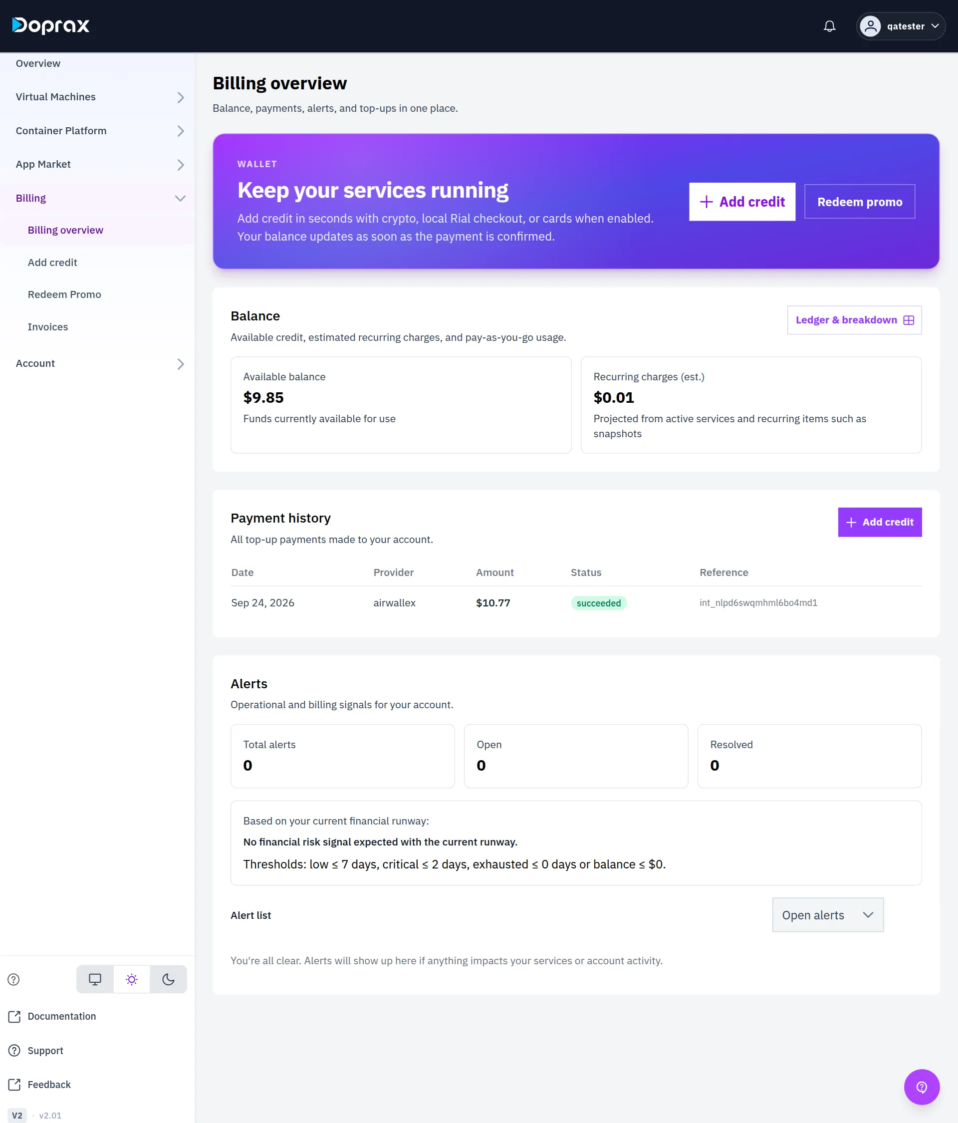 The Balance, Payment history and Alerts sections, on an account with credit, one payment and at least one running service