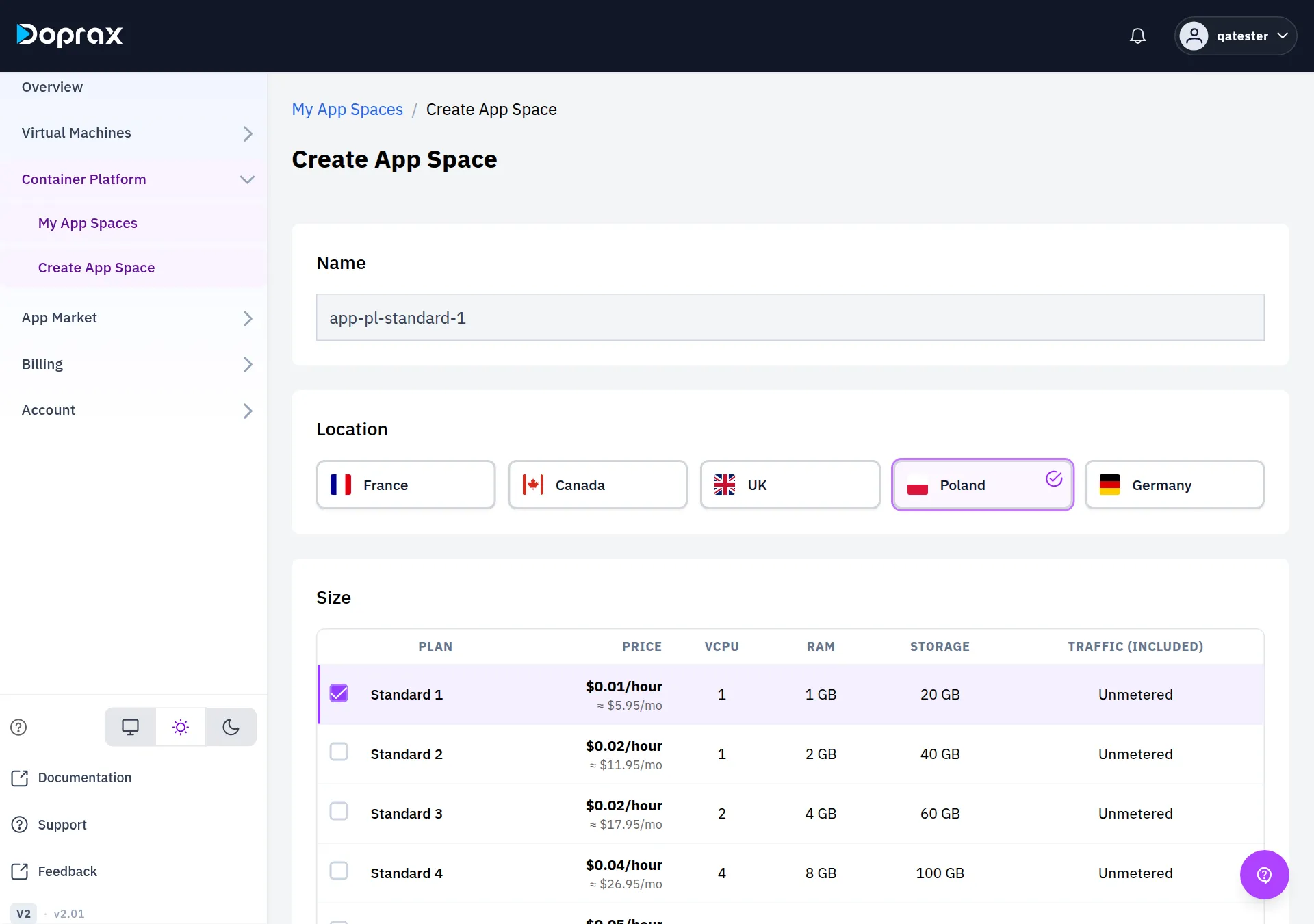 The Create App Space page with Poland and Standard 1 selected