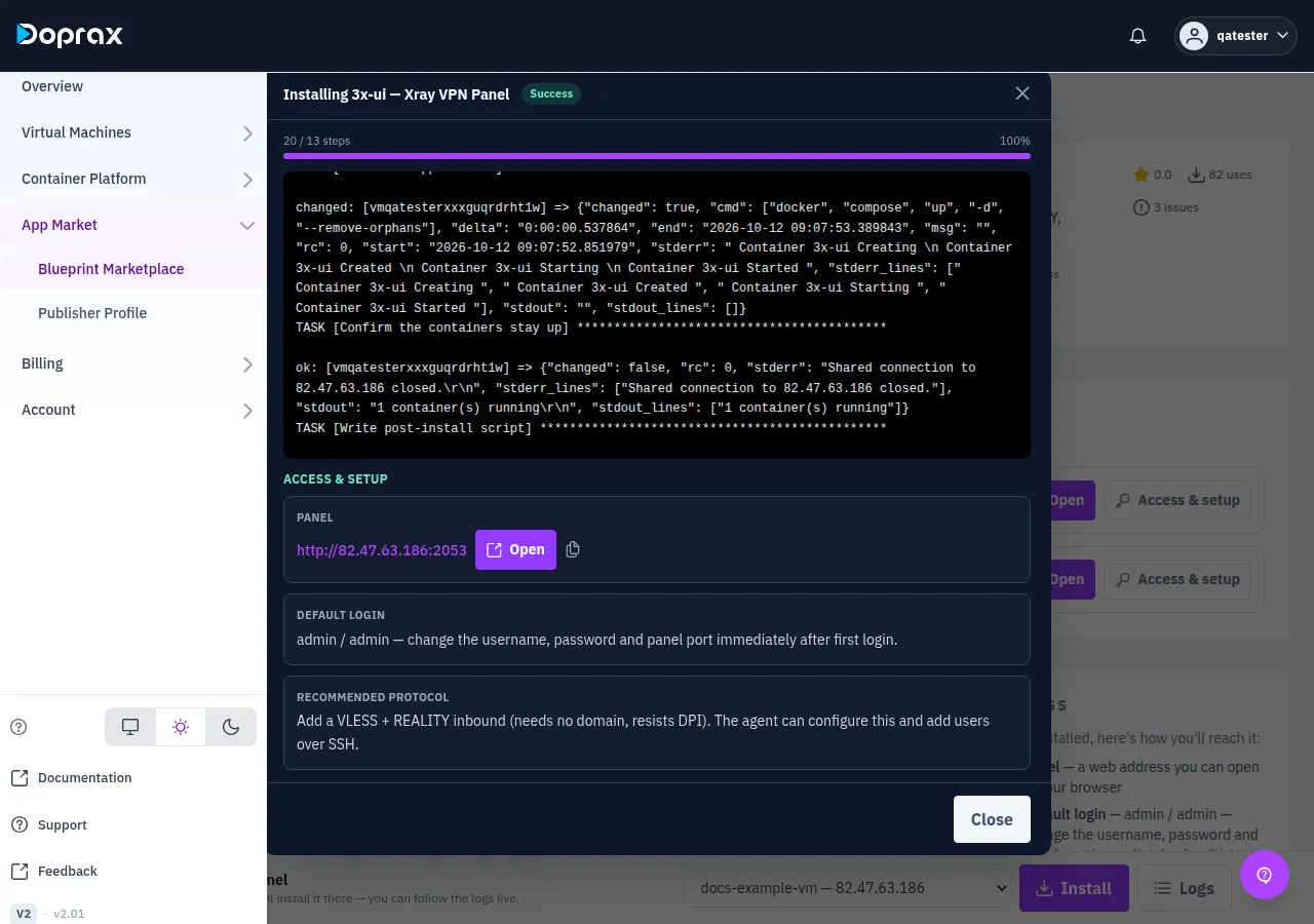 The Installing … window with status Success, the log and the ACCESS & SETUP panel below it