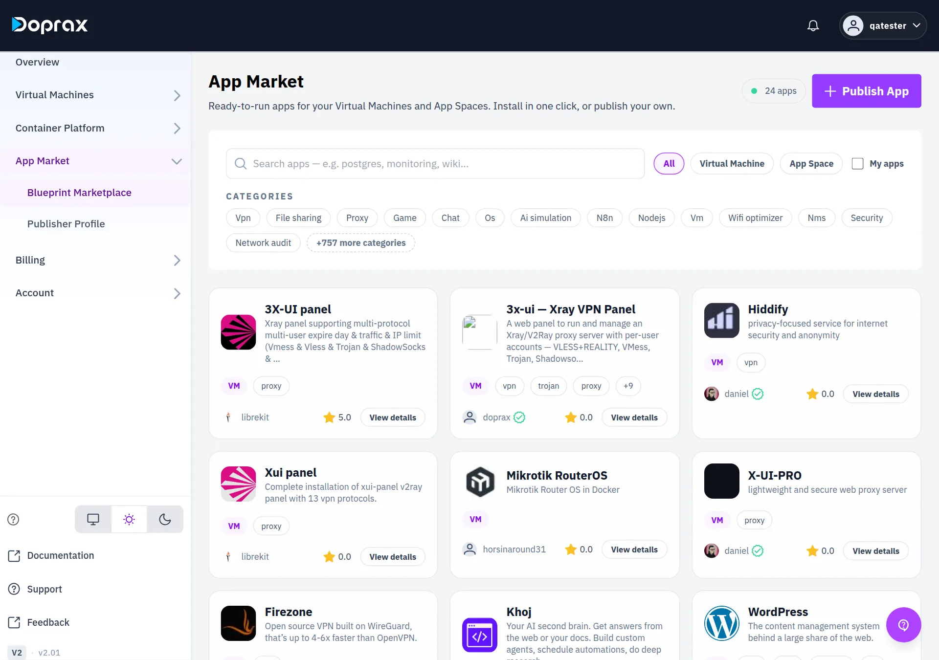 The title App Market, the search box, the filters All, Virtual Machine, App Space and My apps, the CATEGORIES row, and the first two rows of app cards