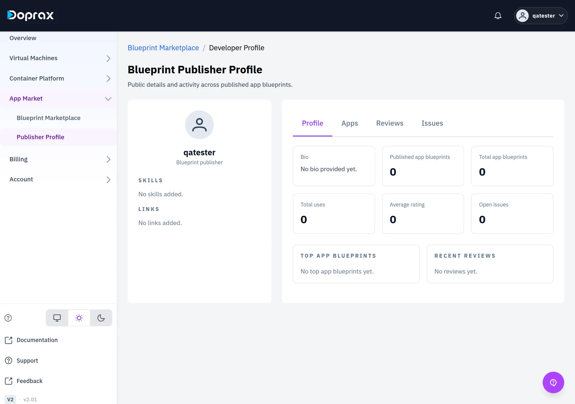 The whole page: picture and name with Blueprint publisher, SKILLS and LINKS on the left, and the tabs Profile, Apps, Reviews, Issues with the six numbers of the Profile tab