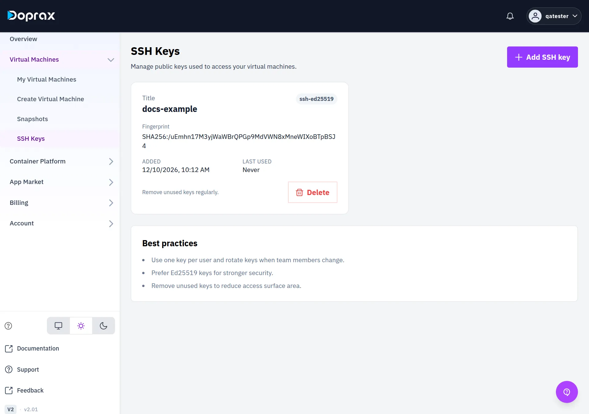 The SSH Keys page with one key card (Title, type, Fingerprint, Added, Last used) and the Add SSH key button
