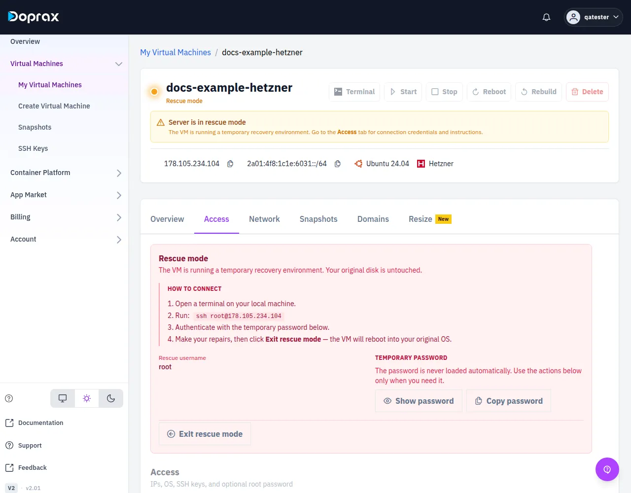 The red Rescue mode box with How to connect, the ssh command, Rescue username and Temporary password with its buttons